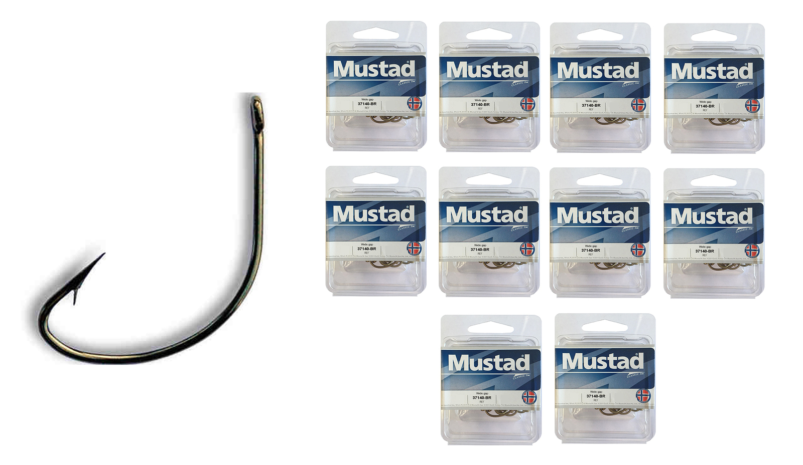 10 Boxes of Mustad 37140 Bronze Wide Gap Fishing Hooks - Size 2/0