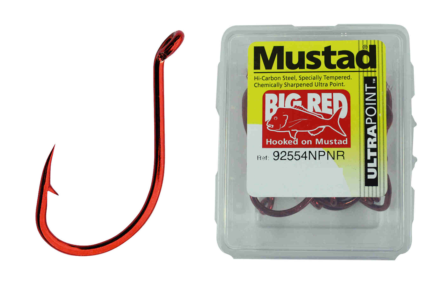 100 x Mustad 92554NPNR Big Red Chemically Sharpened Fishing Hooks - Size 2/0