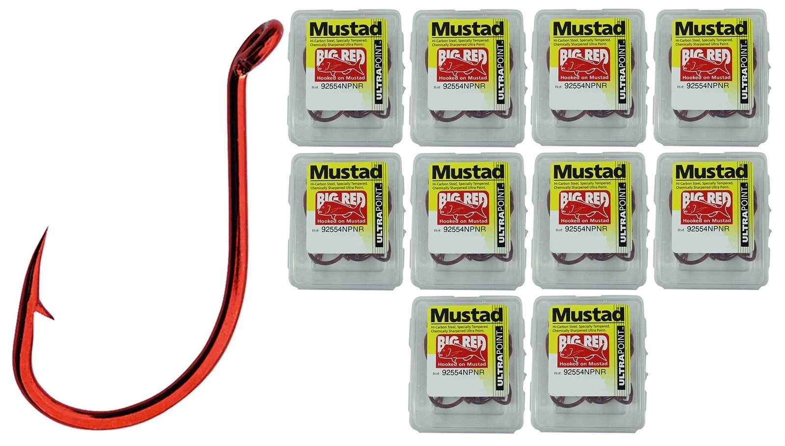 10 Boxes of Mustad 92554NPNR Big Red Chemically Sharpened Fishing