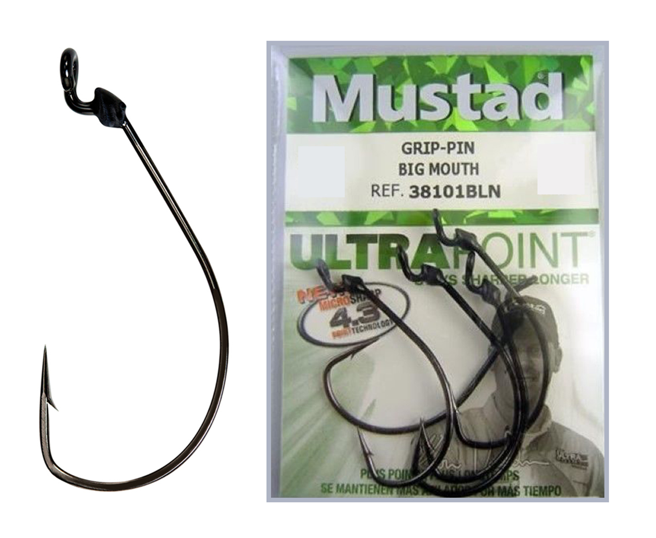 1 Packet of Mustad 38101BLN KVD Grip Pin Chemically Sharp Fishing Hooks