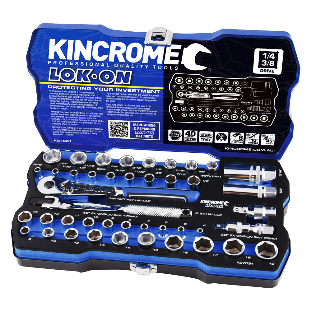 Kincrome LOK-ON Socket Set 44 Piece 1/4" & 3/8" Drive K27031