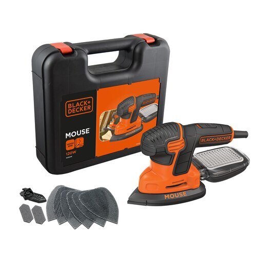 Black+Decker 120W Mouse Sander with 6 Mesh Sheets & Kit Box KA2500K-XE