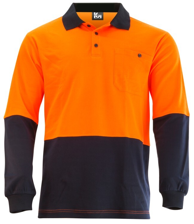 KM Workwear Long Sleeve Two Tone Polo Shirt Small Orange/Navy