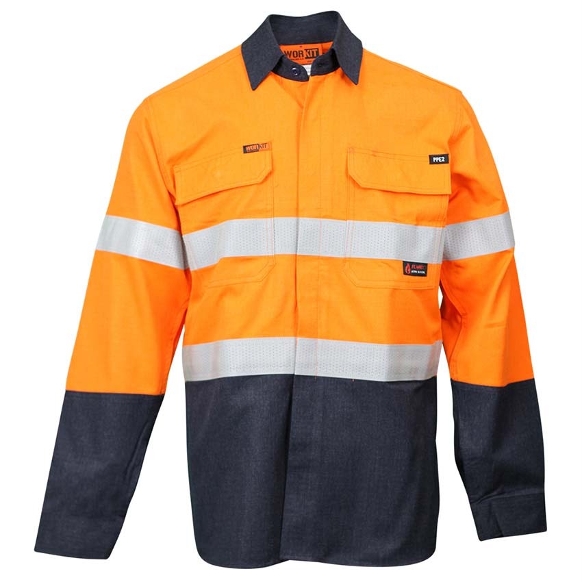 WORKIT Fire Resistant RIPSTOP  FR Inherent 197gsm Taped Shirt Orange/Navy 3XL