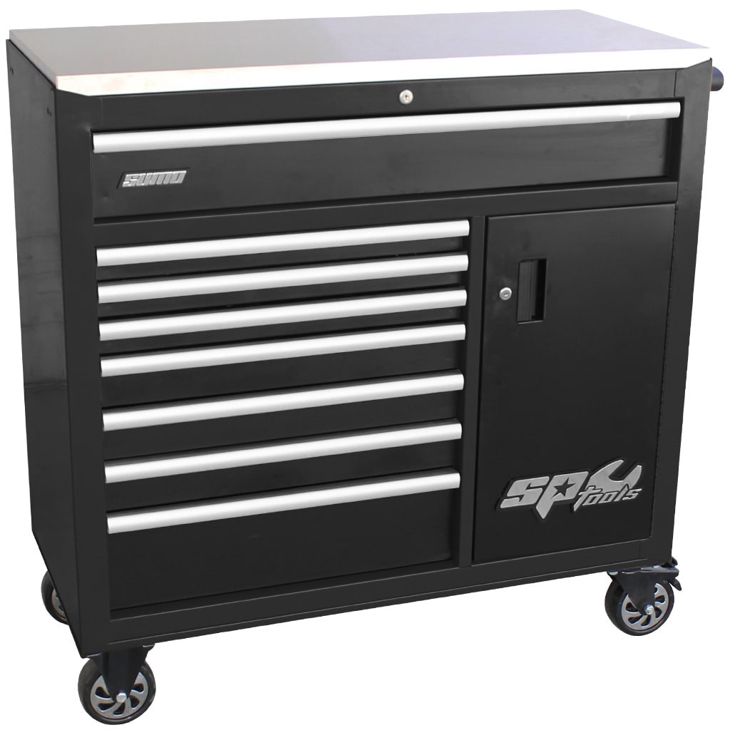 SP Tools 9 Drawer Sumo Series Roller Cabinet With Power Tool Cupboard - Black/Chrome Handles SP40118