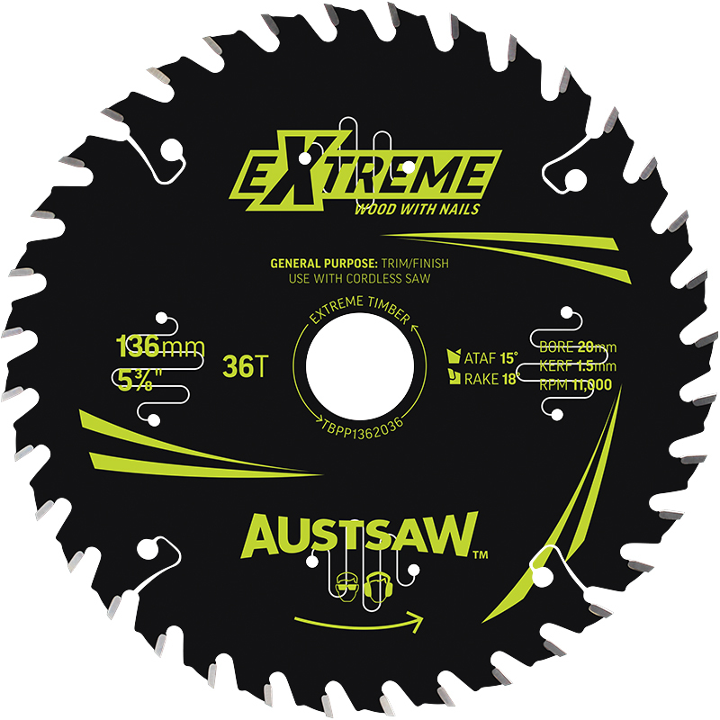 Austsaw 136mm 36T Extreme Wood with Nails Blade Thin Kerf - 20 Bore TBPP1362036