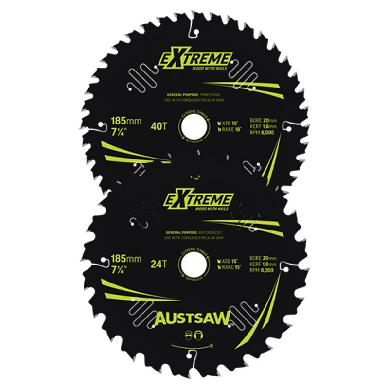 Austsaw 2 Piece 185mm 24T/40T Extreme Wood with Nails Blade Thin Kerf - 20 Bore TBPP1852024.40