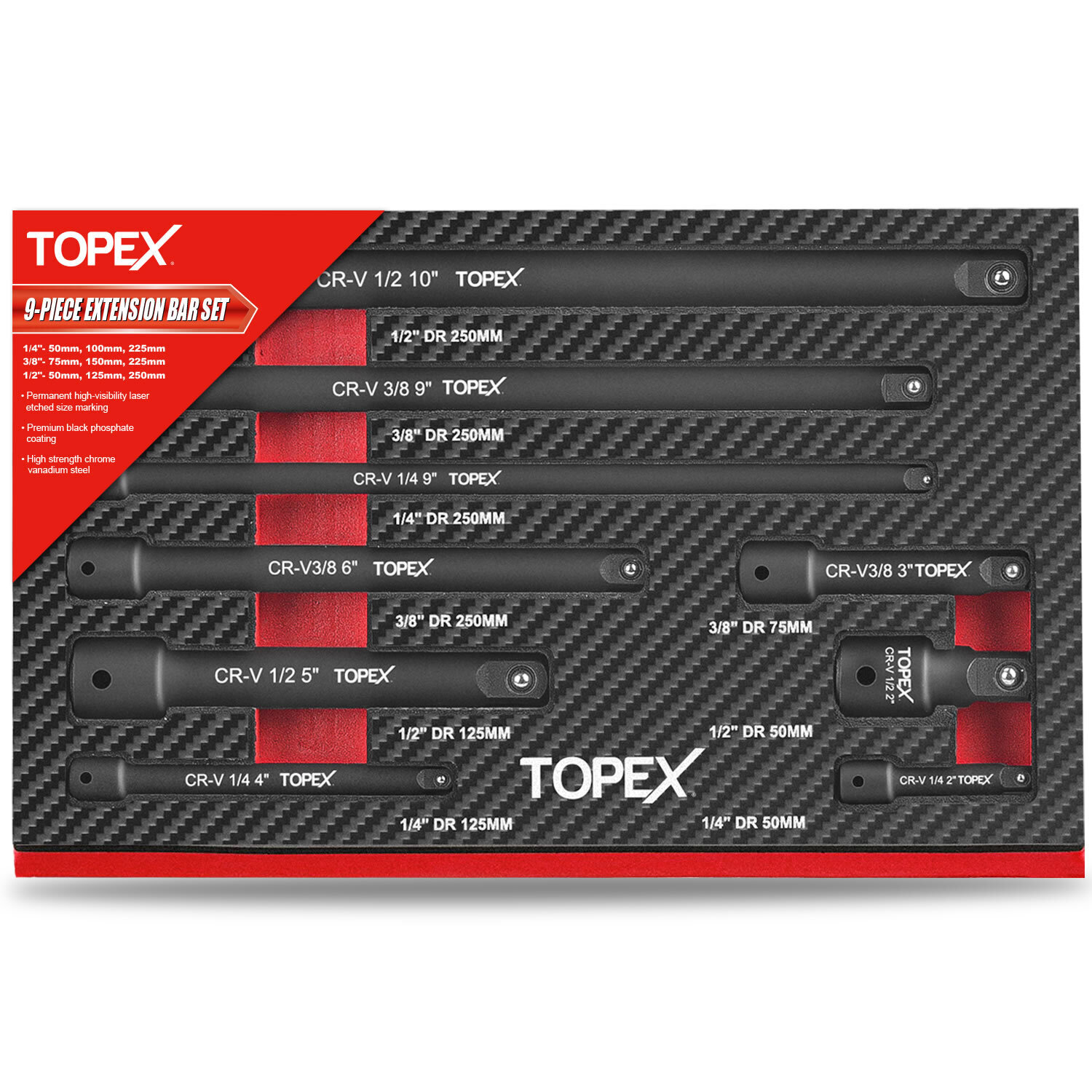 TOPEX 9-Piece Extension Bar Set 1/4" 3/8" and 1/2" Black Drive Socket Extensions
