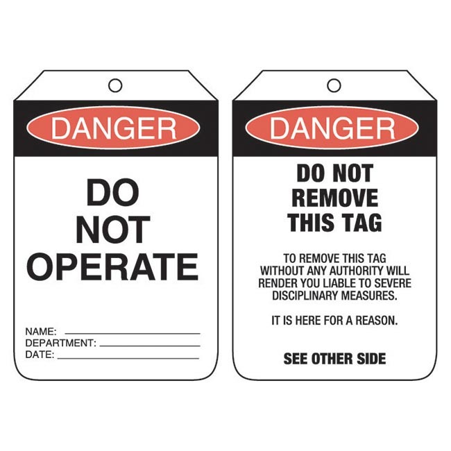 Danger Do Not Operate Lockout Tag Punched Hole/No String Pack of 100