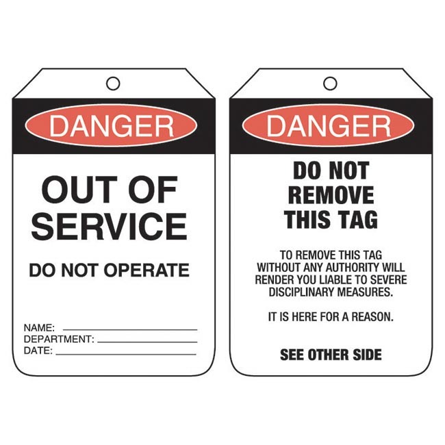 Danger Out of Service Do Not Operate Lockout Tag Punched Hole/No String Pack of 100