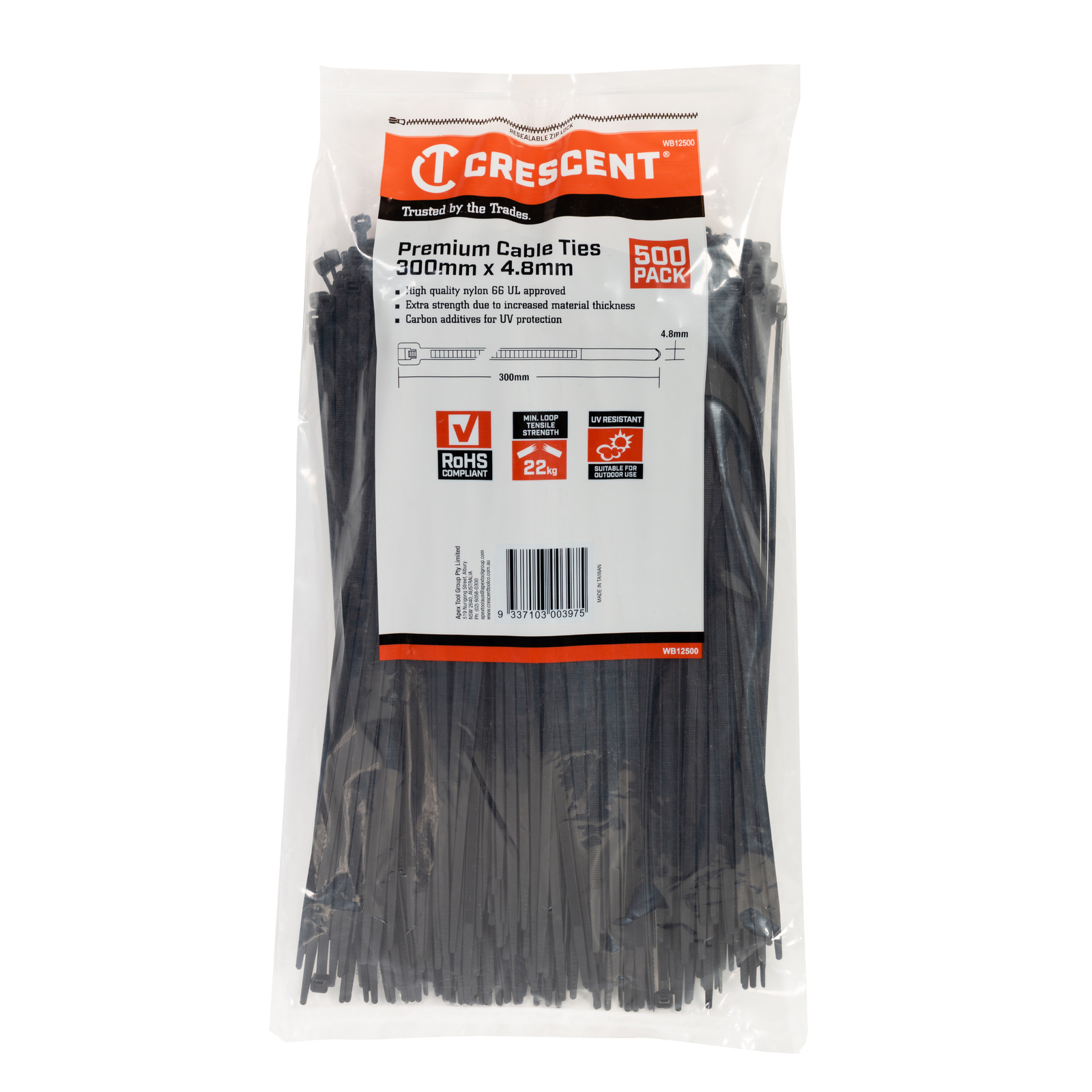 Crescent 300 x 4.8mm Black 500Pk Cable Ties WB12500