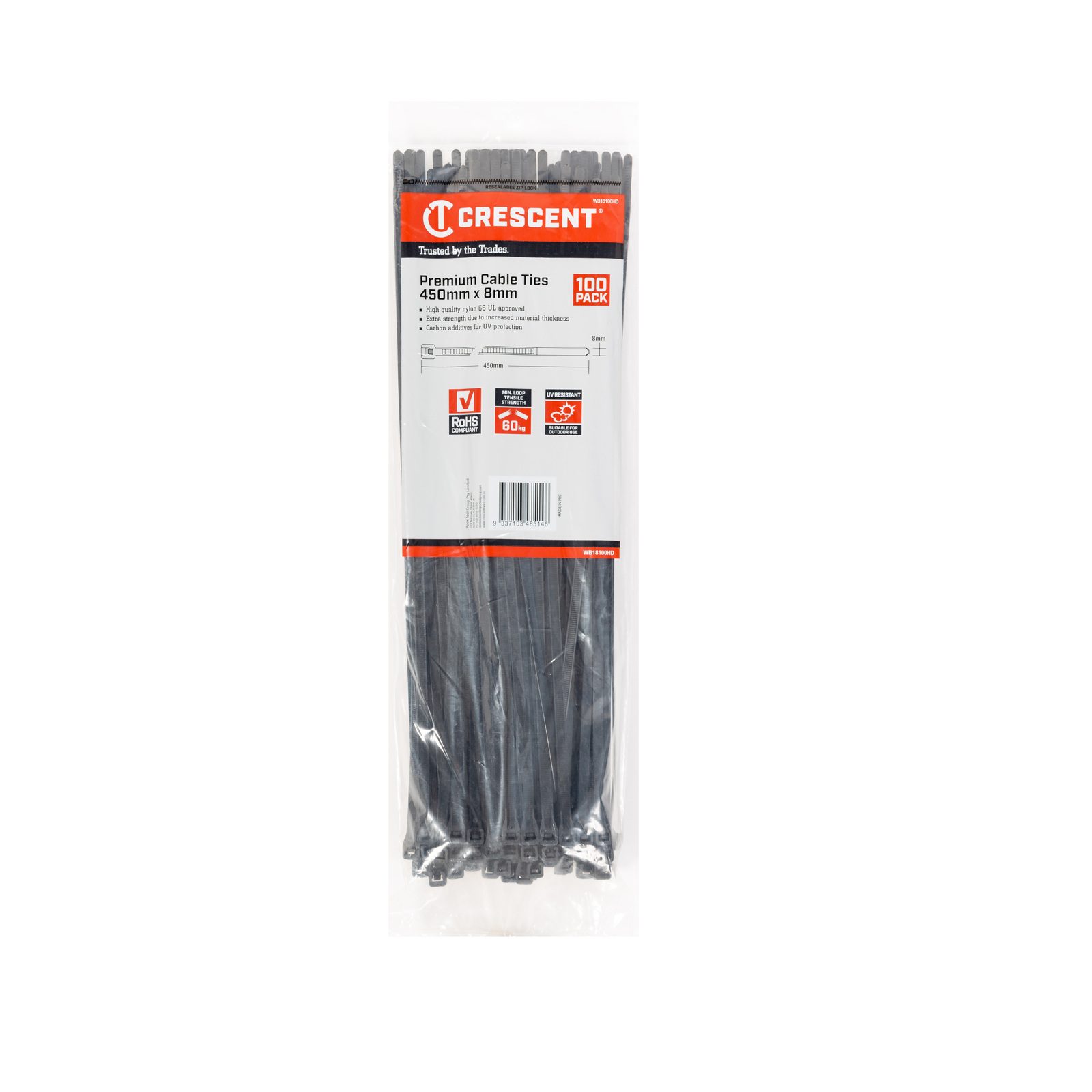 Crescent 450 x 7.6mm Black Heavy Duty 100Pk Cable Ties WB18100HD