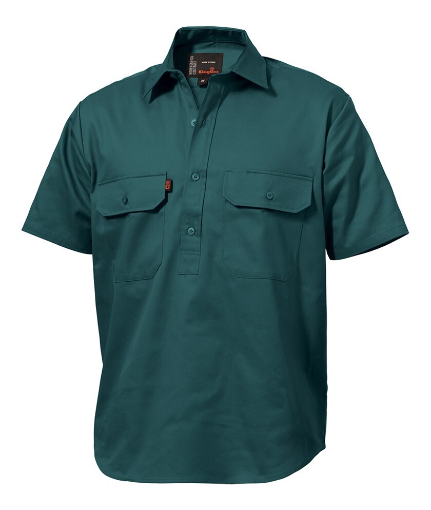 KingGee Mens Closed Front Drill Shirt Short Sleeve Colour Green Size XXS32