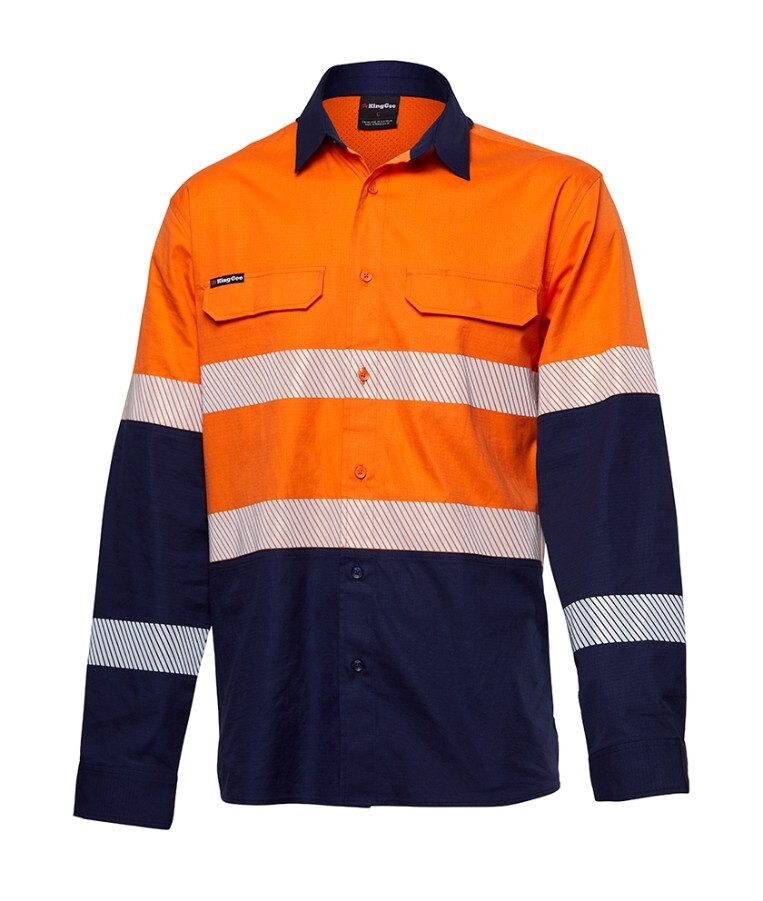 KingGee Mens Workcool Pro Bio Motion Shirt Long Sleeve Colour Orange/Navy Size XS