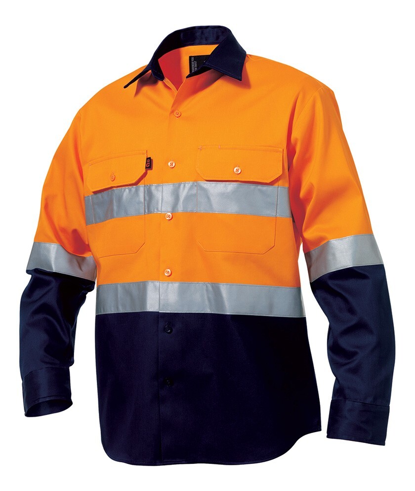 KingGee Mens Reflective Spliced Drill Shirt Long Sleeve  Colour Orange/Navy Size S