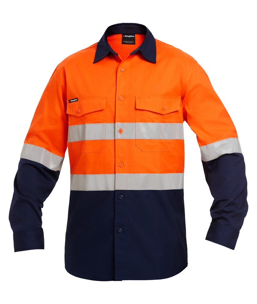 KingGee Mens Workcool2 Hi Vis Reflective Spliced Shirt Long Sleeve Colour Orange/Navy Size 2XS