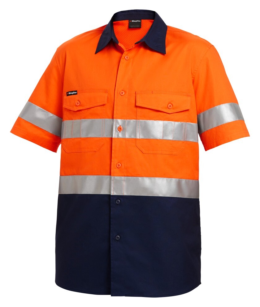 KingGee Mens Workcool2 Reflective Spliced Shirt Short Sleeve Colour Orange/Navy Size 2XS