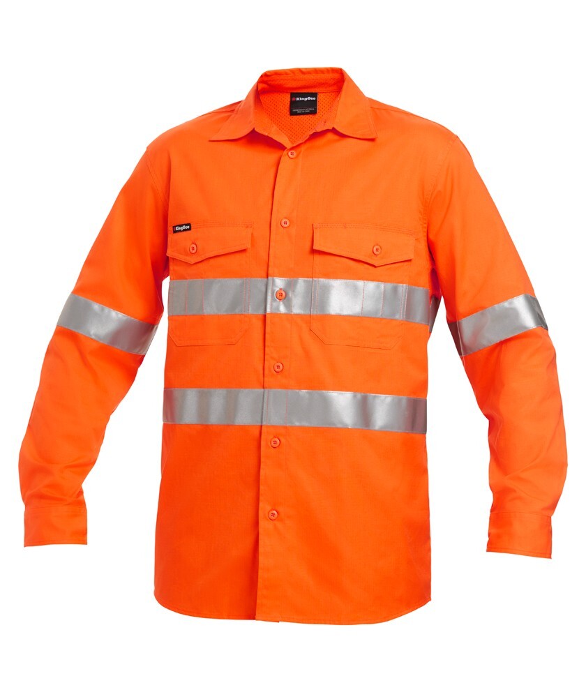 KingGee Mens Workcool2 Hi Vis Reflective Shirt Long Sleeve Colour Orange Size 2XS