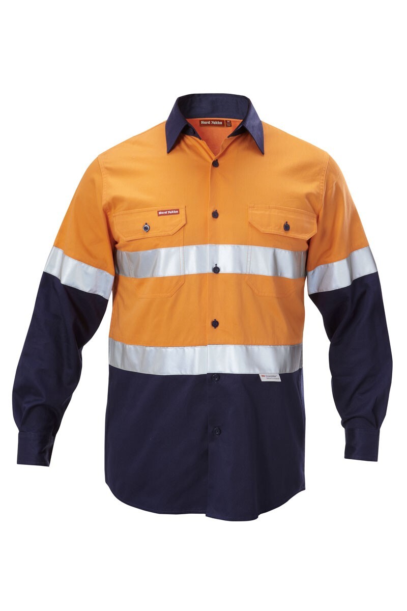 Hard Yakka Foundations Hi-Visibility Two Tone Cotton Drill Long Sleeve Shirt With Tape Colour Orange/Navy Size S