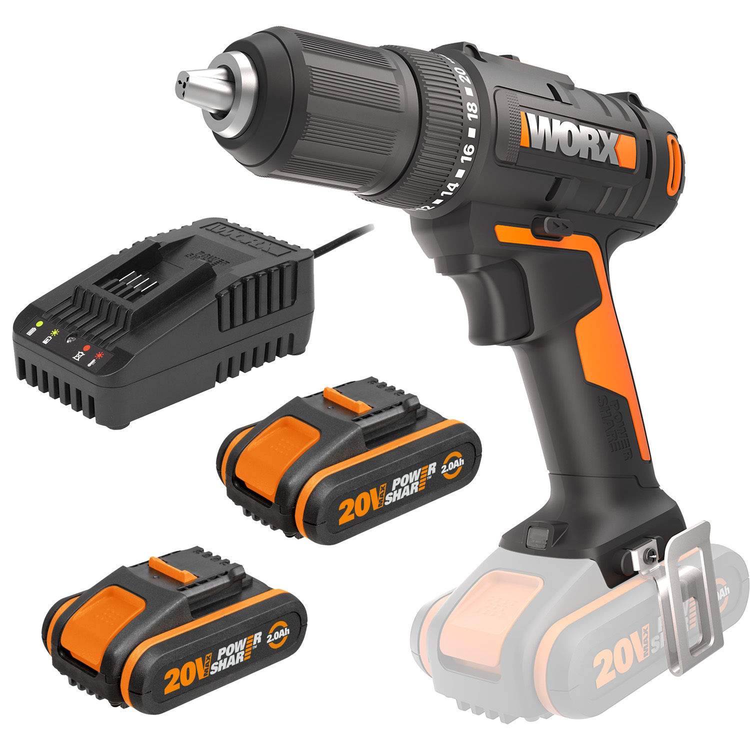 WORX 20V Cordless 13mm Drill Driver Skin w/ 2x POWERSHARE Batteries & Charger - WX108.B