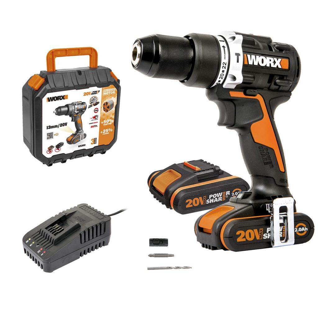 WORX 20V Cordless Brushless 13mm Hammer Drill w/ 2x POWERSHARE Battery &  Charger - WX352