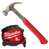 Milwaukee 20oz Curved Claw Hammer & 8m Wideblade Tape Combo 48229080W