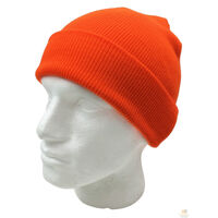 PLAIN FLURO BEANIE Hi Vis Unisex Winter Warm Hat Ski Party Costume Cap Knit - Fluro Orange