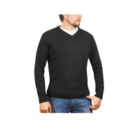 100% SHETLAND WOOL V Neck Knit JUMPER Pullover Mens Sweater Knitted S-XXL - Plain Black 