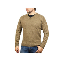 100% SHETLAND WOOL V Neck Knit JUMPER Pullover Mens Sweater Knitted S-XXL - Nutmeg (23)