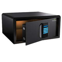 Black hotel safe box with spring loaded door