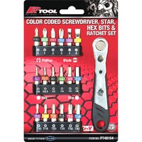 PK Tools 19 Piece 1/4" Drive Screwdriver, Star, Hex Bits & Ratchet Set PT40154