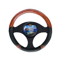 PC Covers 38cm Steering Wheel Cover Soft Leather Feel Black With Dark Wood Grain Inserts