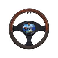 PC Covers 38cm Steering Wheel Cover Soft Leather Feel With Dark Wood Grain Dark Grey