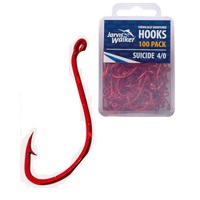 100 x Jarvis Walker Size 4/0 Suicide Hooks - Red Chemically Sharpened 100 Pce Value Pack