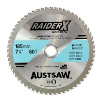 AustSaw 185mm x 20 x 60T TCT RaiderX Sheet Metal Blade MBR1852060S