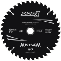 Austsaw 190mm 40T RaiderX Thin Kerf Timber Blade - 20 Bore TBP1902040