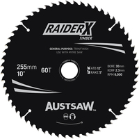 Austsaw 255mm 60T RaiderX Thin Kerf Timber Blade - 30 Bore TBP2553060