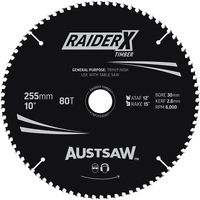 Austsaw 255mm 80T RaiderX Table Saw Timber Blade - 30 Bore TBP2553080T