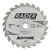 Austsaw 185mm 24T Thin Kerf Raider Timber Blade TBR1852024