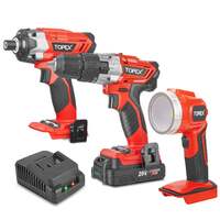 Topex 20 v cordless kit: hammer drill, impact driver, led light w/ screw bits
