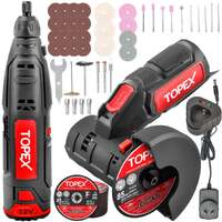 TOPEX 12V Cordless Rotary Tool Speed 5000-25000rpm With 12V Cordless Angle Grinder,12V 2.0Ah Lithium-Ion Battery&14.4V /0.4A charger