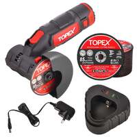 TOPEX 12V Cordless Angle Grinder 1 Wrench for Metal and Wood w/12V 2.0Ah Lithium-Ion Battery&14.4V /0.4A charger/50PCS 85mm Cutting Wheels Discs