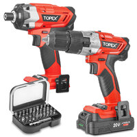 TOPEX 20V Combo Cordless Drill Impact Driver w/ Screwdriver Bit Set