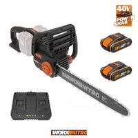 WORX NITRO 40V (2x 20V) Brushless 40cm/16" Chainsaw Kit with 2x 20V 2ah Batteries + Dual Port Charger WG385E.B