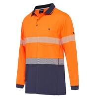 KingGee Mens Workcool Hyperfreeze Spliced Polo Long Sleeve Taped Colour Orange/Navy Size S