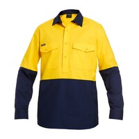 KingGee Mens Workcool2 Spliced Closed Front Shirt Long Sleeve Colour Yellow/Navy Size 2XS