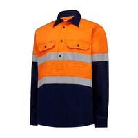 Hard Yakka Hi Vis L/Slv H/Weight Closed Front 2 Tone Cotton Drill Shirt W/Tape Colour Orange/Navy Size S