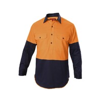 Hard Yakka Foundations Hi-Visibility Two Tone Closed Front Long Sleeve Cotton Drill Shirt With Gusset Colour Orange/Navy Size S
