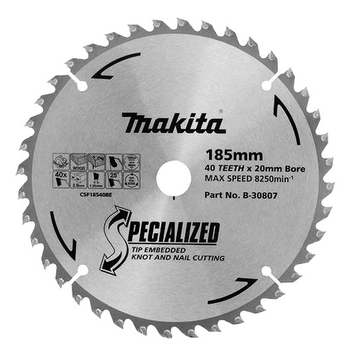 Makita 185mm x 20/16mm x 40t Knot & Nail TCT Saw Blade B-30807