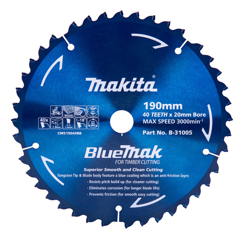 Makita 190mm x 20mm x 40t Bluemak TCT Saw Blade (Suits DLS713 Only) B-31005